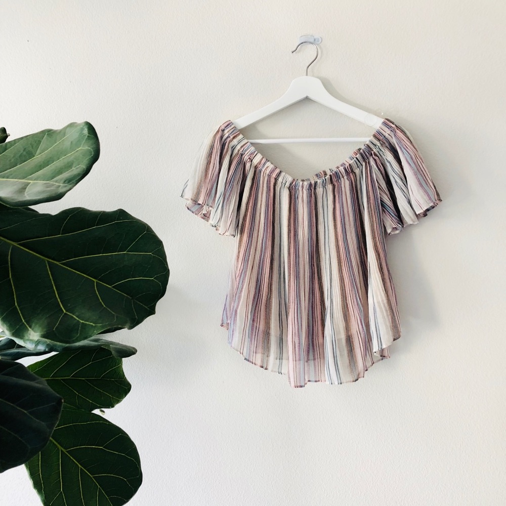 Off the shoulder, pleated multicolored striped top